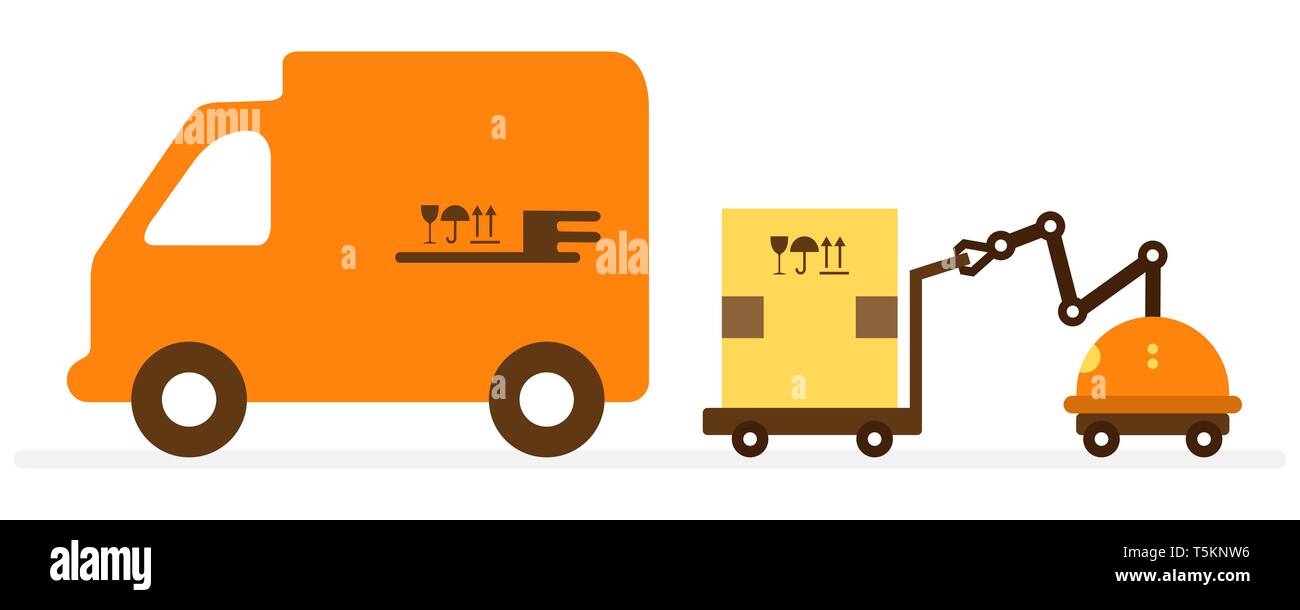 Vector illustration with robot loader loads boxes into a truck ...
