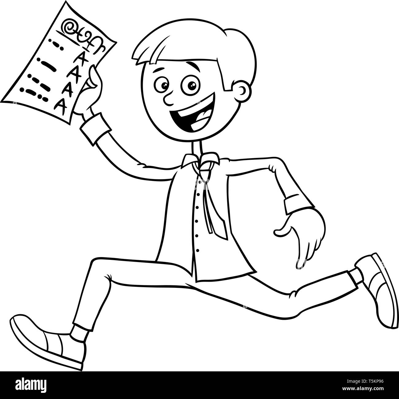 Black and White Cartoon Illustration of Happy Boy with School Certificate or Grade Report Coloring Book Stock Vector