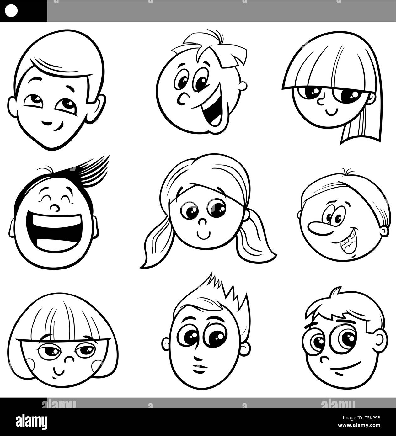 Black and White Cartoon Illustration of Funny Children or Teens Characters  Faces Set Stock Vector Image & Art - Alamy