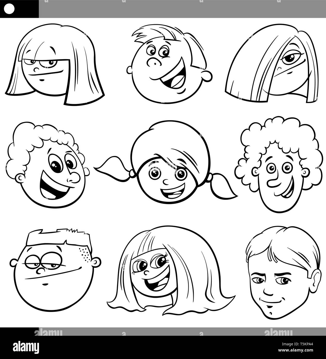 Black and White Cartoon Illustration of Funny Children or Teenagers