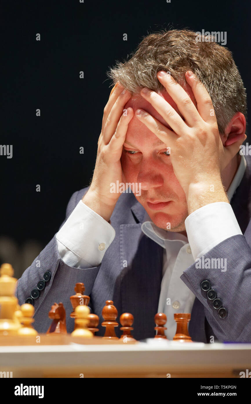 Arkadij Naiditsch, AZE, at the Grenke Chess Classic Tournament, Schwarzwald Halle Karlsruhe, 2019 Stock Photo