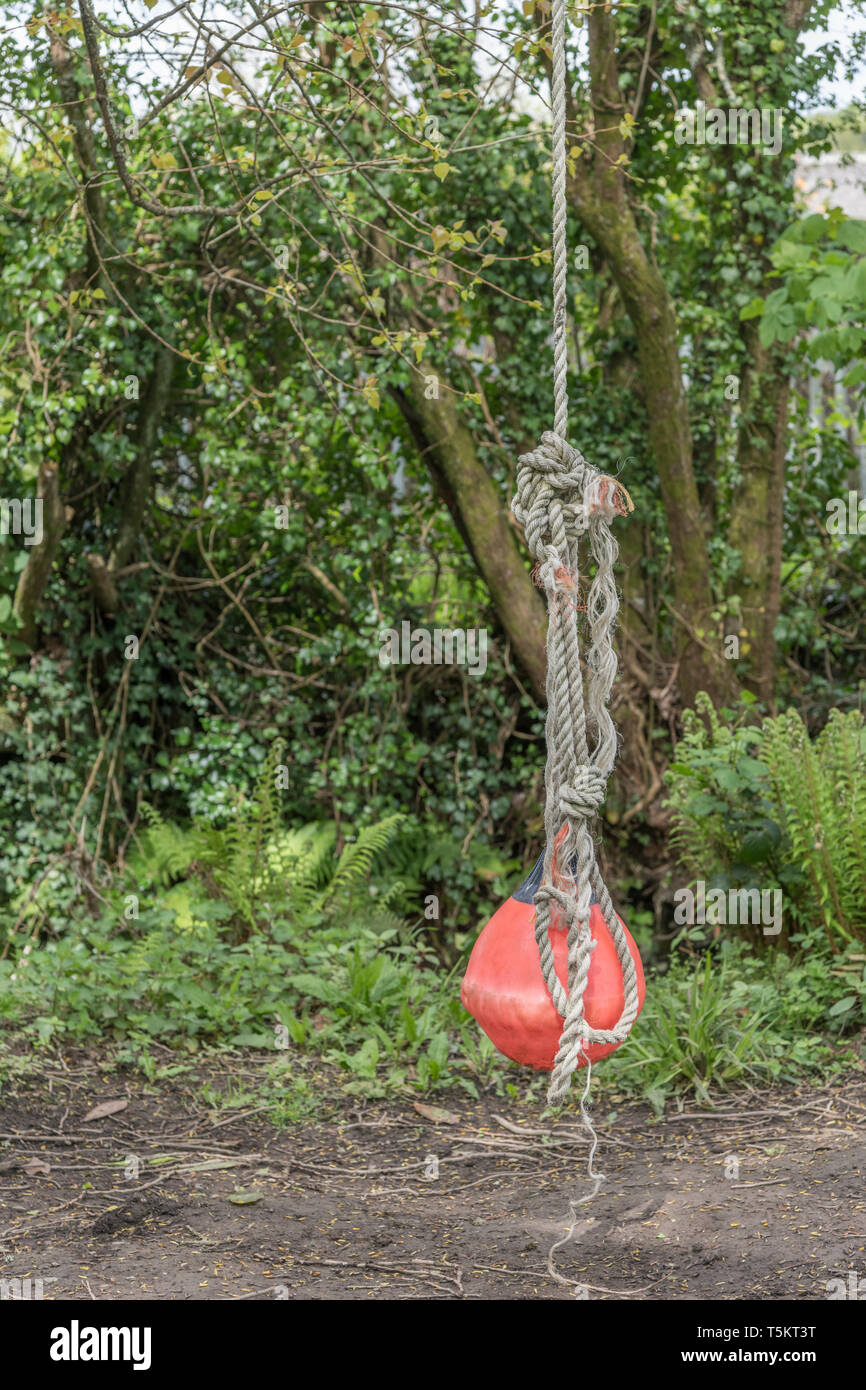 Homemade backyard tree swing made with a smallish marine marker buoy