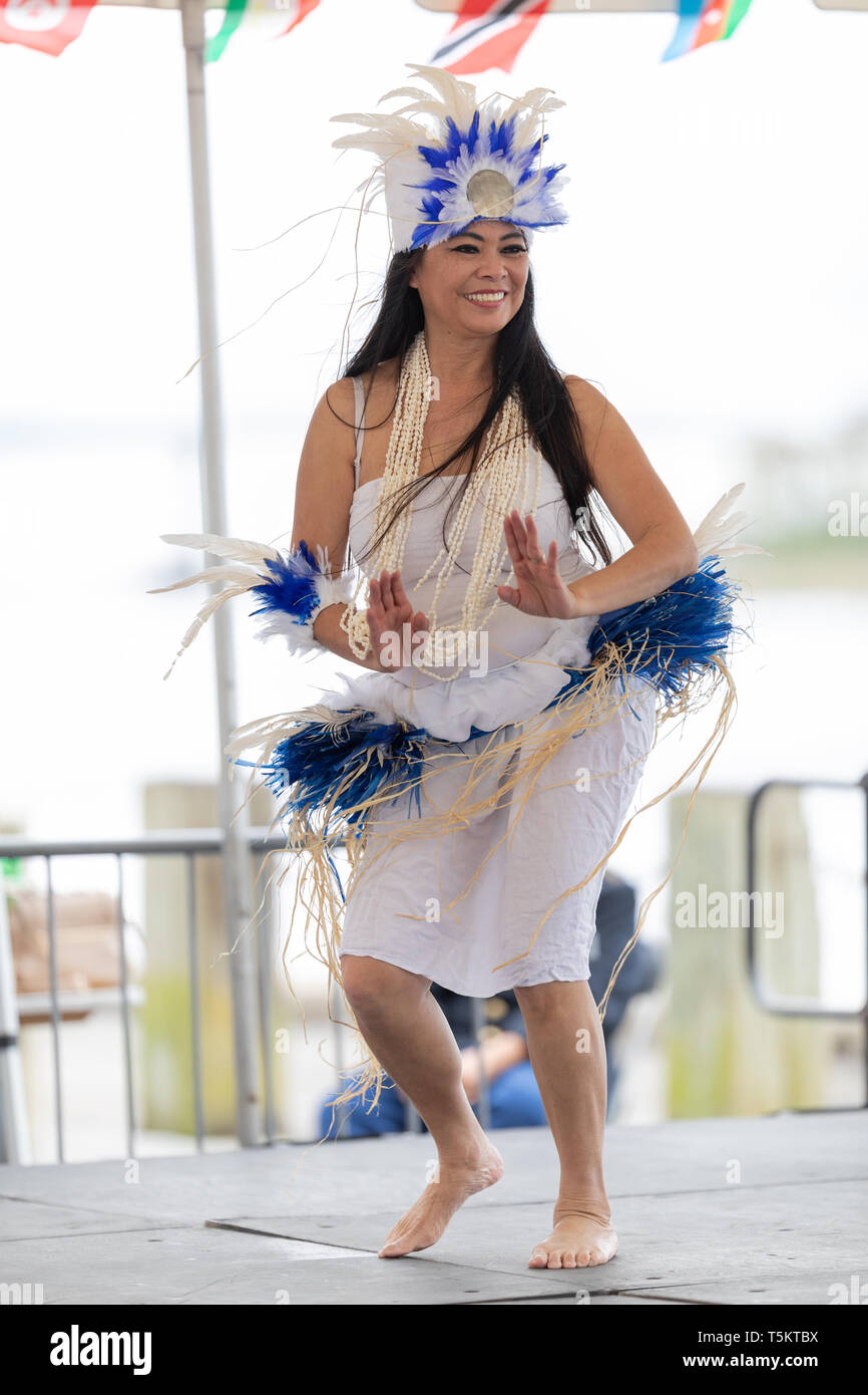 Wilmington, North Carolina, USA - April 6, 2019: The North Carolina Azalea Festival, Aloha Ka’napa Hawaiian Dancers performing during the Azalea Festi Stock Photo
