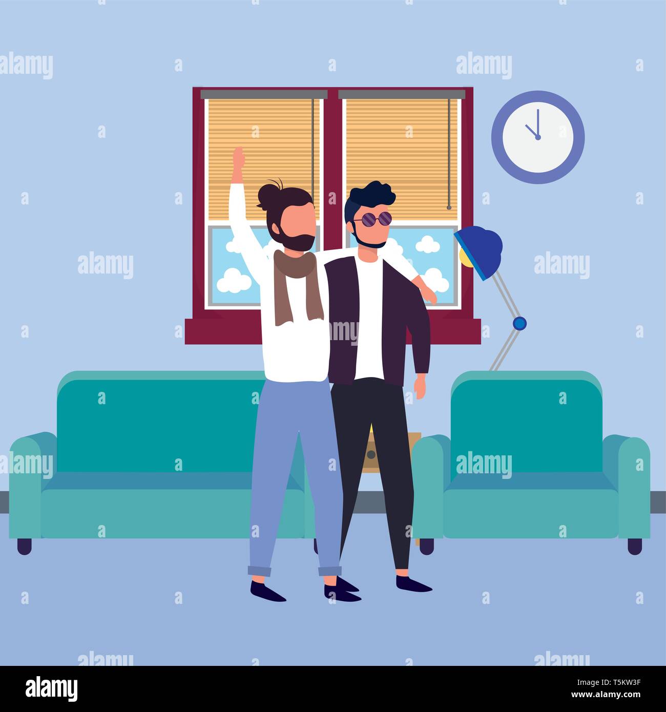 Causal People Men Friends Inside Room With Furniture Elements