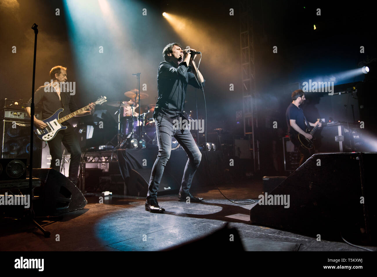 Leeds, UK. 24th Apr 2019. Veteran indie rock band Suede in concert at the O2 Academy, Leeds, UK, 24th April 2019. Singer-song-writer Brett Anderson fronts the band. Credit: John Bentley/Alamy Live News Stock Photo