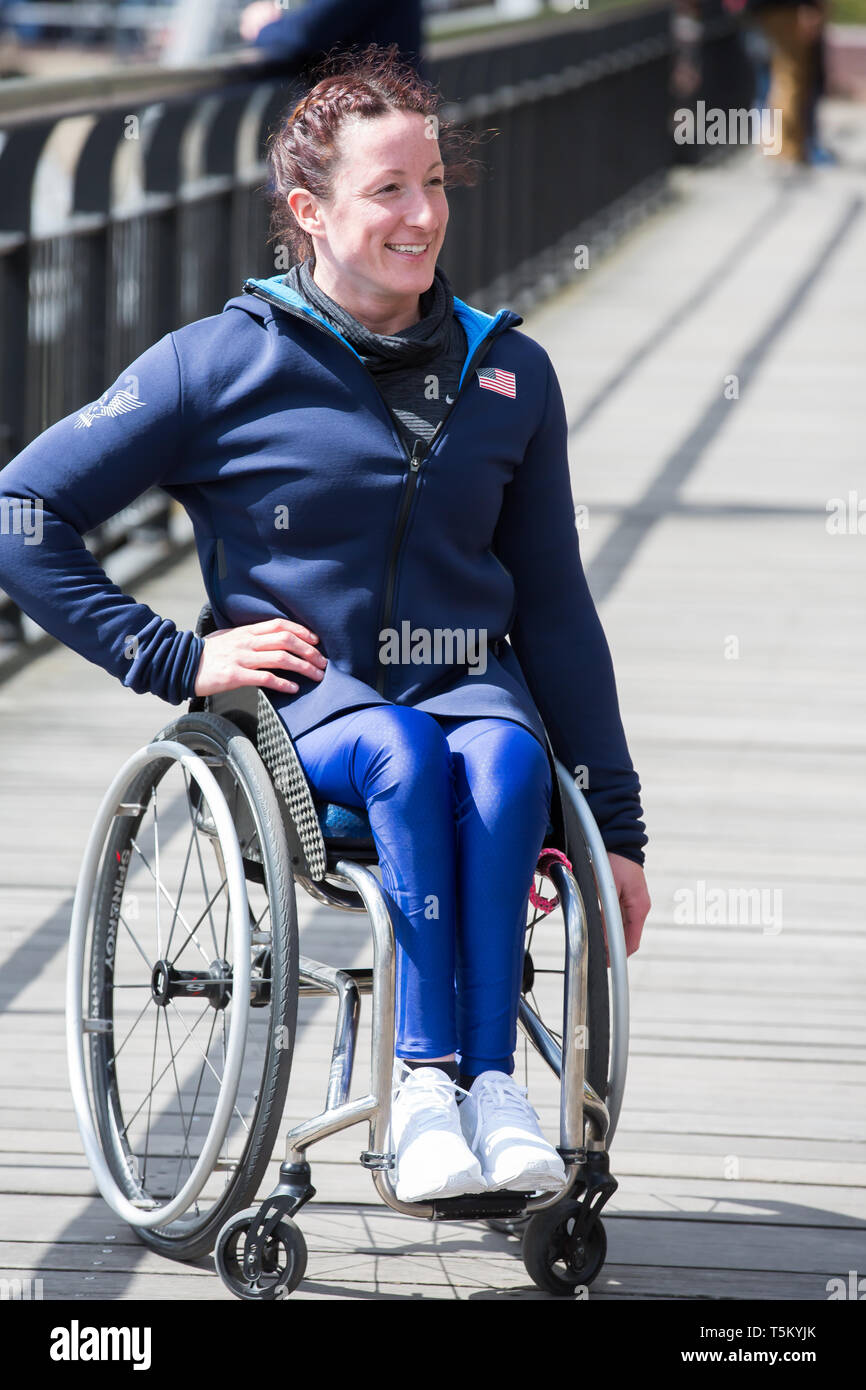 London, UK. 25th Apr 2019. Tatyana McFadden attends The London Marathon  Wheelchair Athletes Photocall takes place outside the Tower Hotel with  Tower Bridge in the background ahead of the Marathon on Sunday.