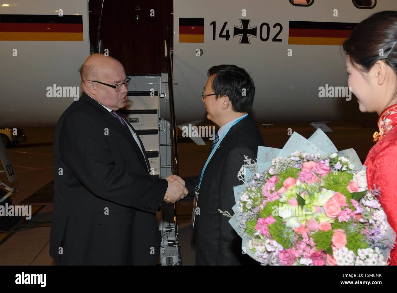 Beijing, China. 25th Apr, 2019. German Minister for Economic Affairs and Energy Peter Altmaier arrives in Beijing, capital of China, April 25, 2019, to attend the Second Belt and Road Forum for International Cooperation. Credit: Li Xin/Xinhua/Alamy Live News Stock Photo