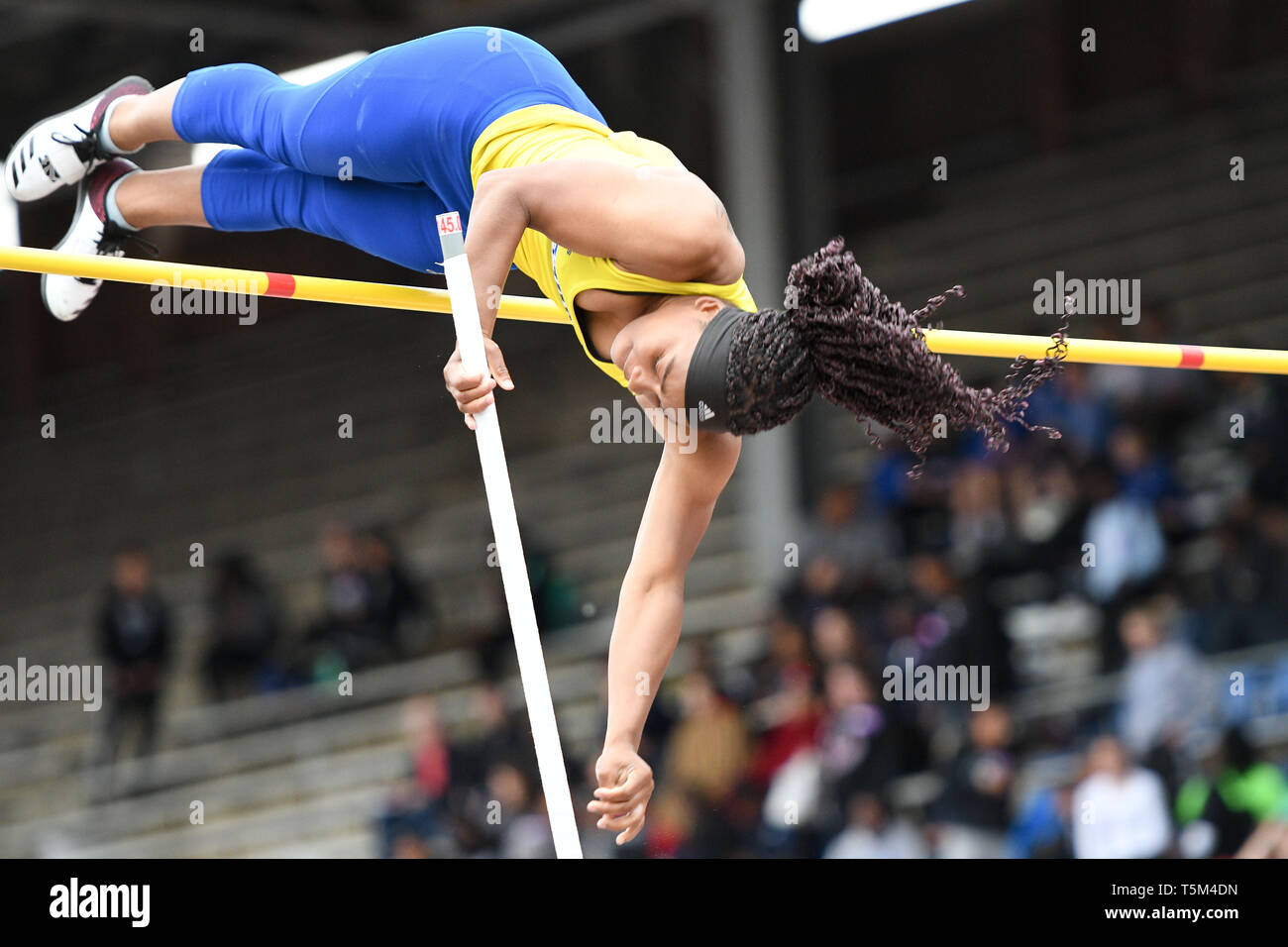 Philadelphia, Pennsylvania, USA. 25th Apr, 2019. ASHLEY BAILEY, of Delaware clears the bar