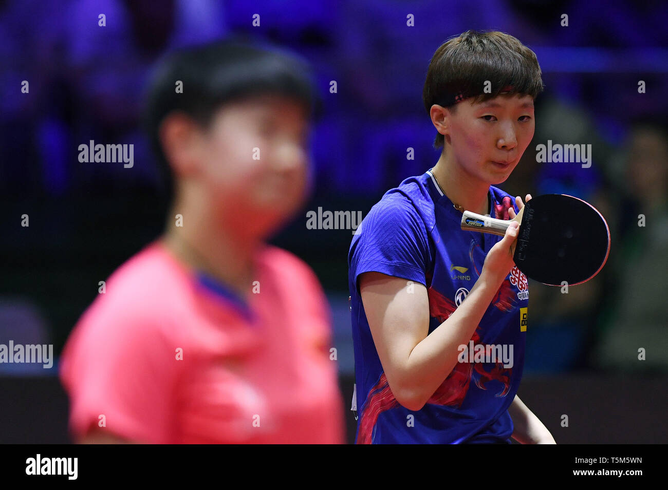 Budapest. 25th Apr, 2019. Wang Manyu (R) of China reacts during the women's  singles quarterfinal match against Sun Yingsha of China at 2019 ITTF World  Table Tennis Championships in Budapest, Hungary on