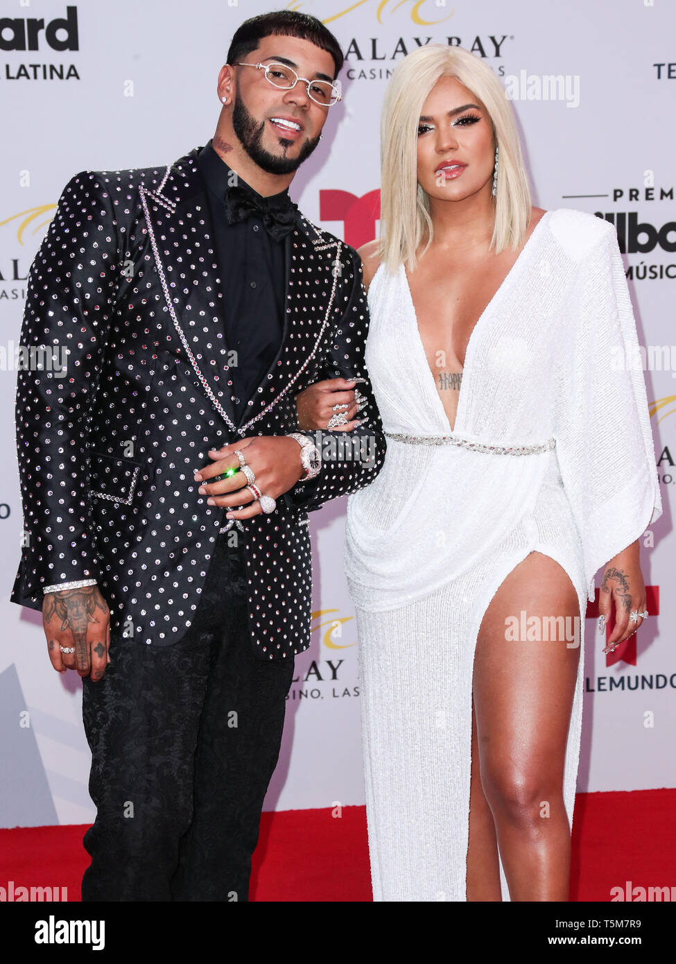 Las Vegas, United States. 25th Apr, 2019. LAS VEGAS, NEVADA, USA - APRIL 25: Anuel AA and Karol G arrive at the 2019 Billboard Latin Music Awards held at the Mandalay Bay Events Center on April 25, 2019 in Las Vegas, Nevada, United States. (Photo by Xavier Collin/Image Press Agency) Credit: Image Press Agency/Alamy Live News Stock Photo