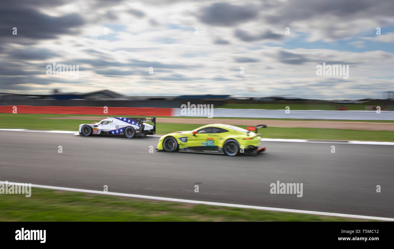 Dragonspeed LMP1 passes an Aston Martin during the 6 Hours of Silverstone, World Endurance Championship 2018 Stock Photo