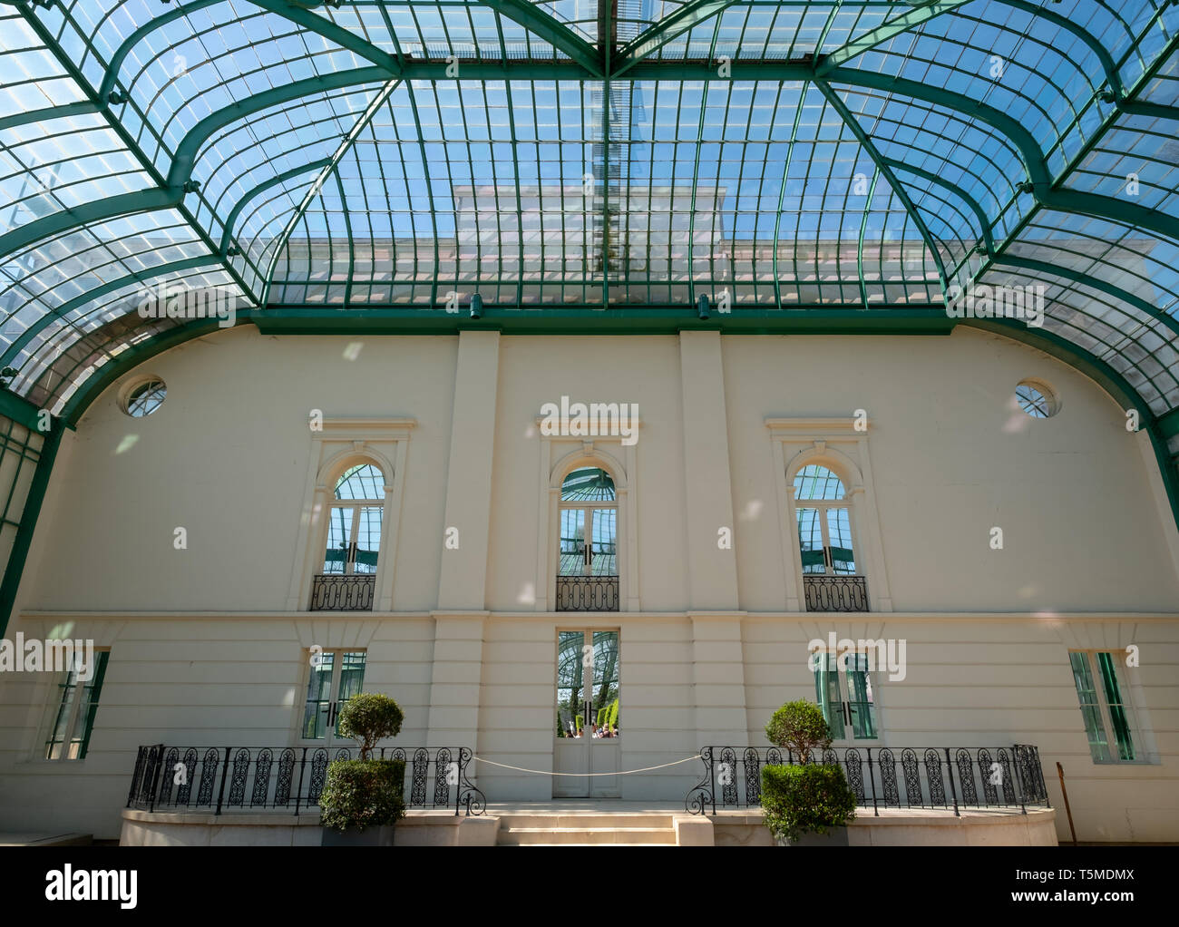 The interior of the Orangery at the Royal Greenhouses at Laeken. The complex of greenhouses is open to the public for three weeks a year in spring. Stock Photo