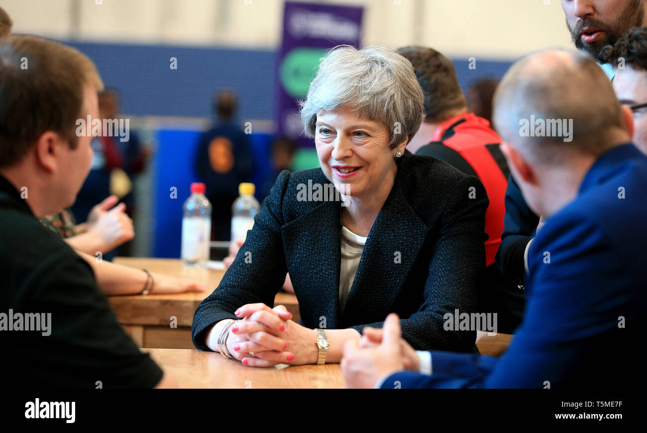 Prime Minister Theresa May during a visit to the Leisure Box in Brierfield, Lancashire, while on the local elections campaign. Stock Photo