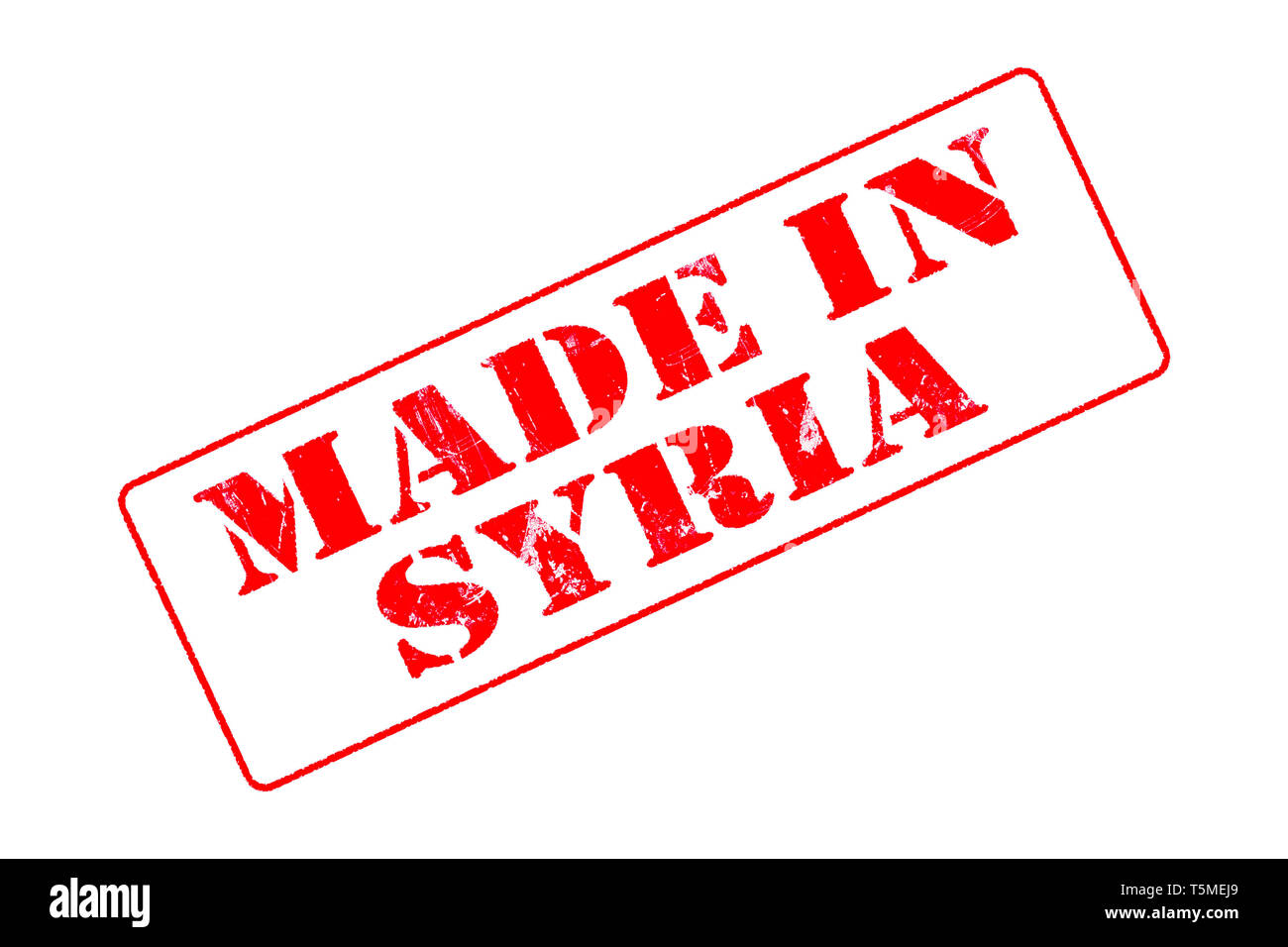 Rubber stamp with red ink on white background concept reading Made In Syria Stock Photo
