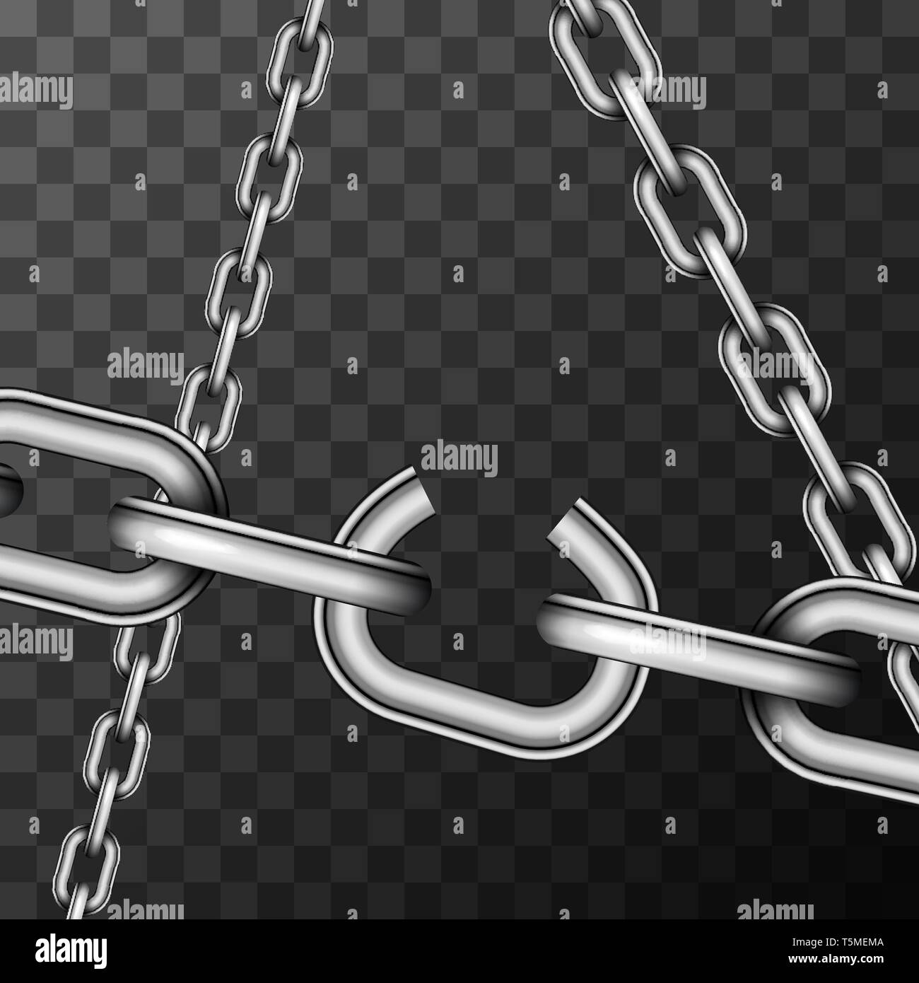 Weak link in glossy metallic chain on transparent background, conceptual illustration Stock Vector