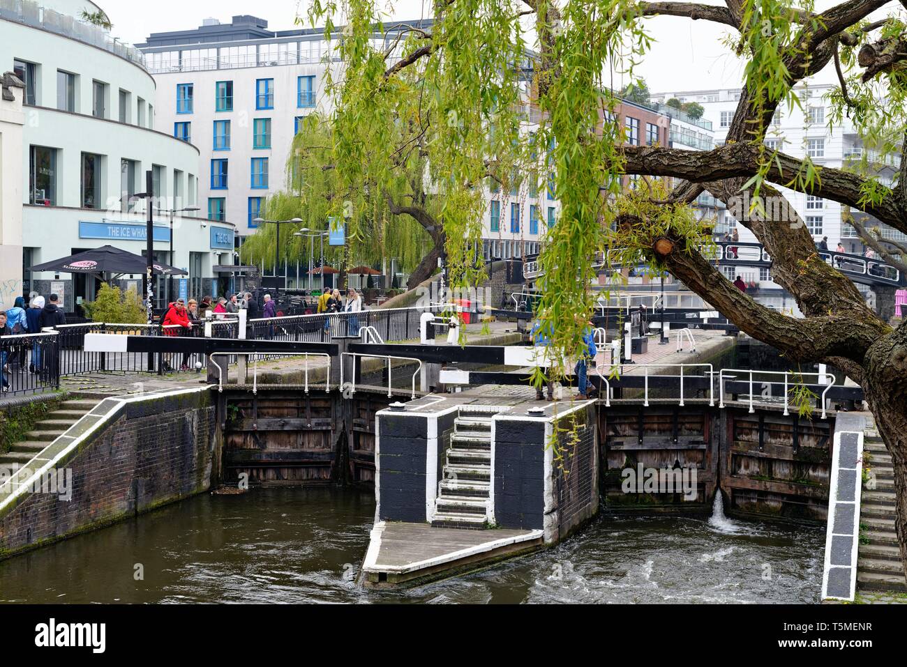 The canal locks on the Regents Canal at Camden Town market, North London England UK Stock Photo