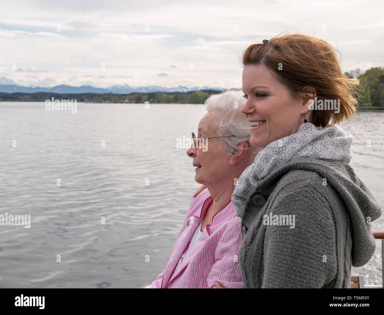 Senior lady with young woman making a boat trip Stock Photo