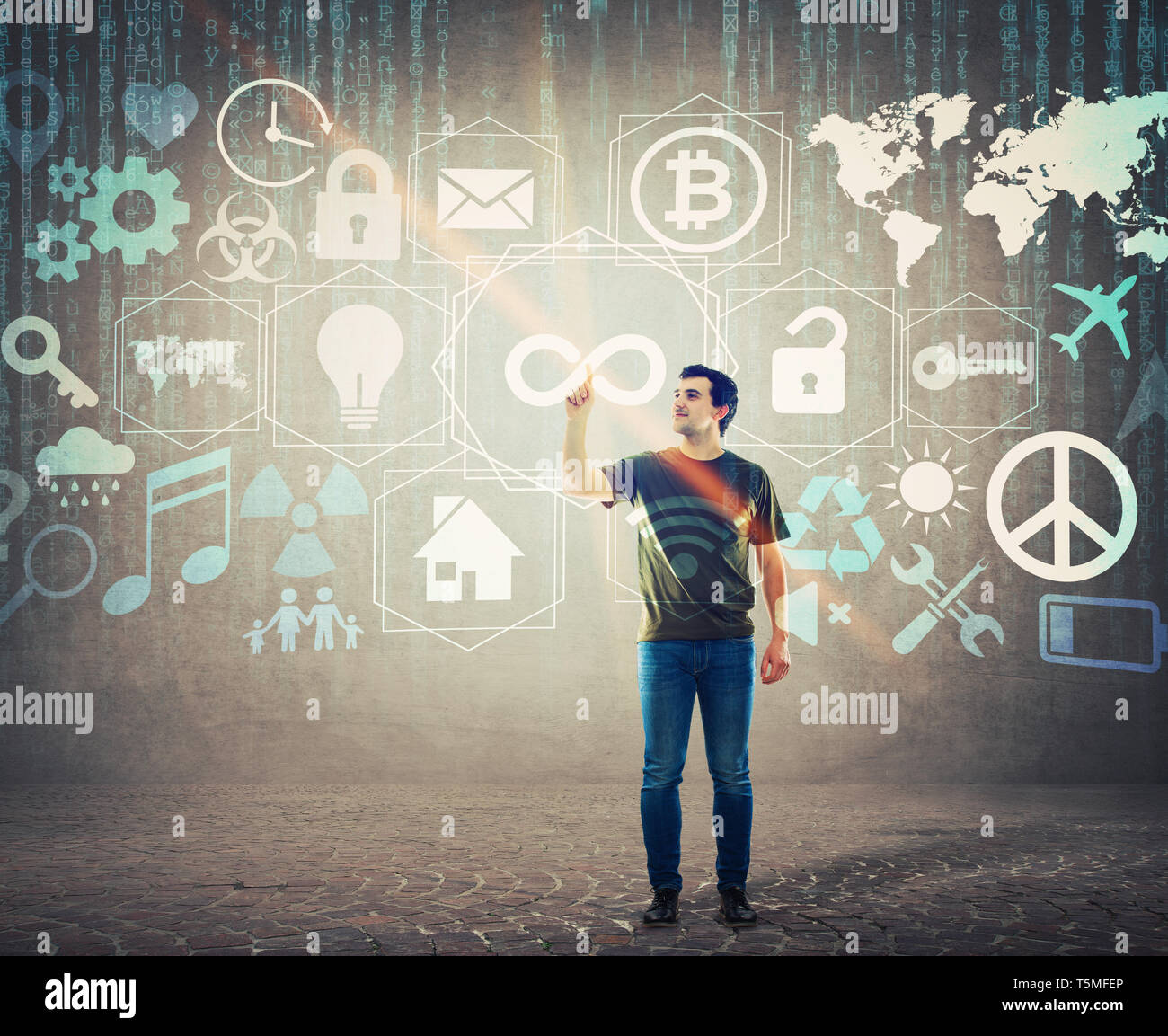 Casual young man pressing an infinity button on digital screen ...