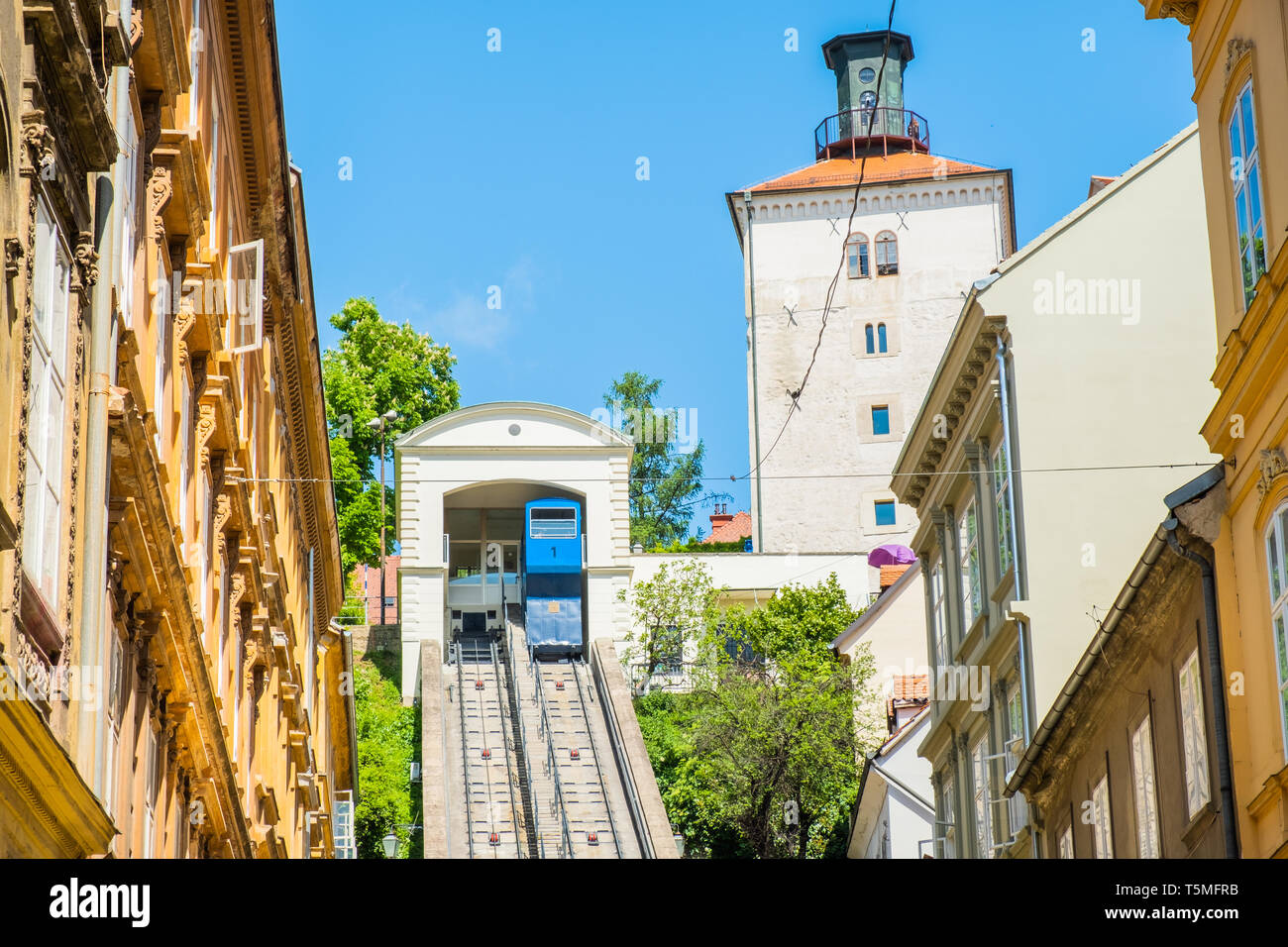 Funicular and medieval Lotrscak tower in Zagreb, Croatia, tourist attractions and popular site Stock Photo