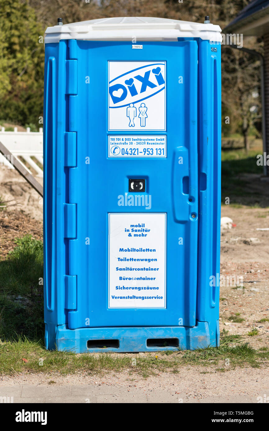 DIXI toilet at construction site. TOI TOI & DIXI (ADCO Group) is the largest mobile sanitary solutions company, and is based in 33 countriesworldwide. Stock Photo