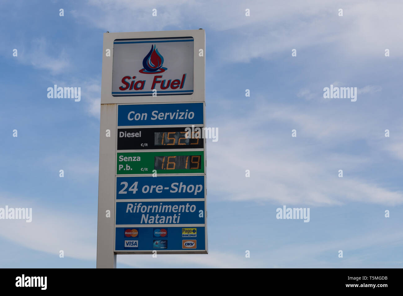 Sign at Sia Fuel petrol station, displaying fuel prices - Grado, Friuli Venezia Giulia, Italy Stock Photo
