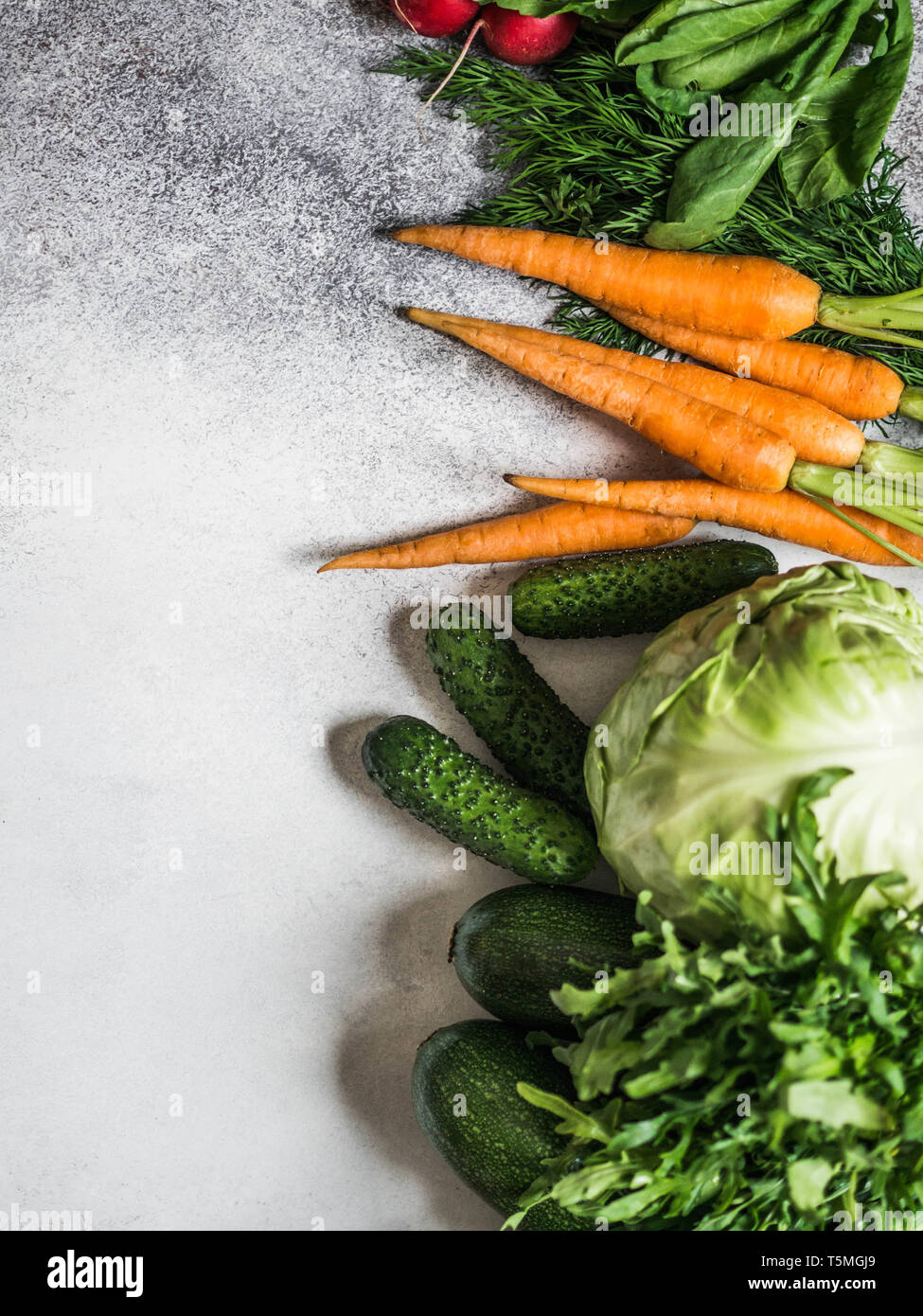 Fresh Spring vegetables and herbs frame on grey rustic background. Spring harvest of fresh vegetables. Copy space. Stock Photo