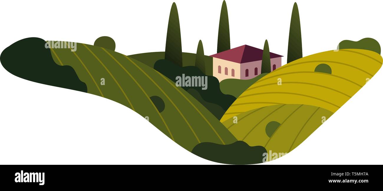 Vineyard wine grapes hills farm banner concept sign. Romantic rural landscape in sunny day with villa, vineyard fields, plantation hills, farms, meado Stock Vector