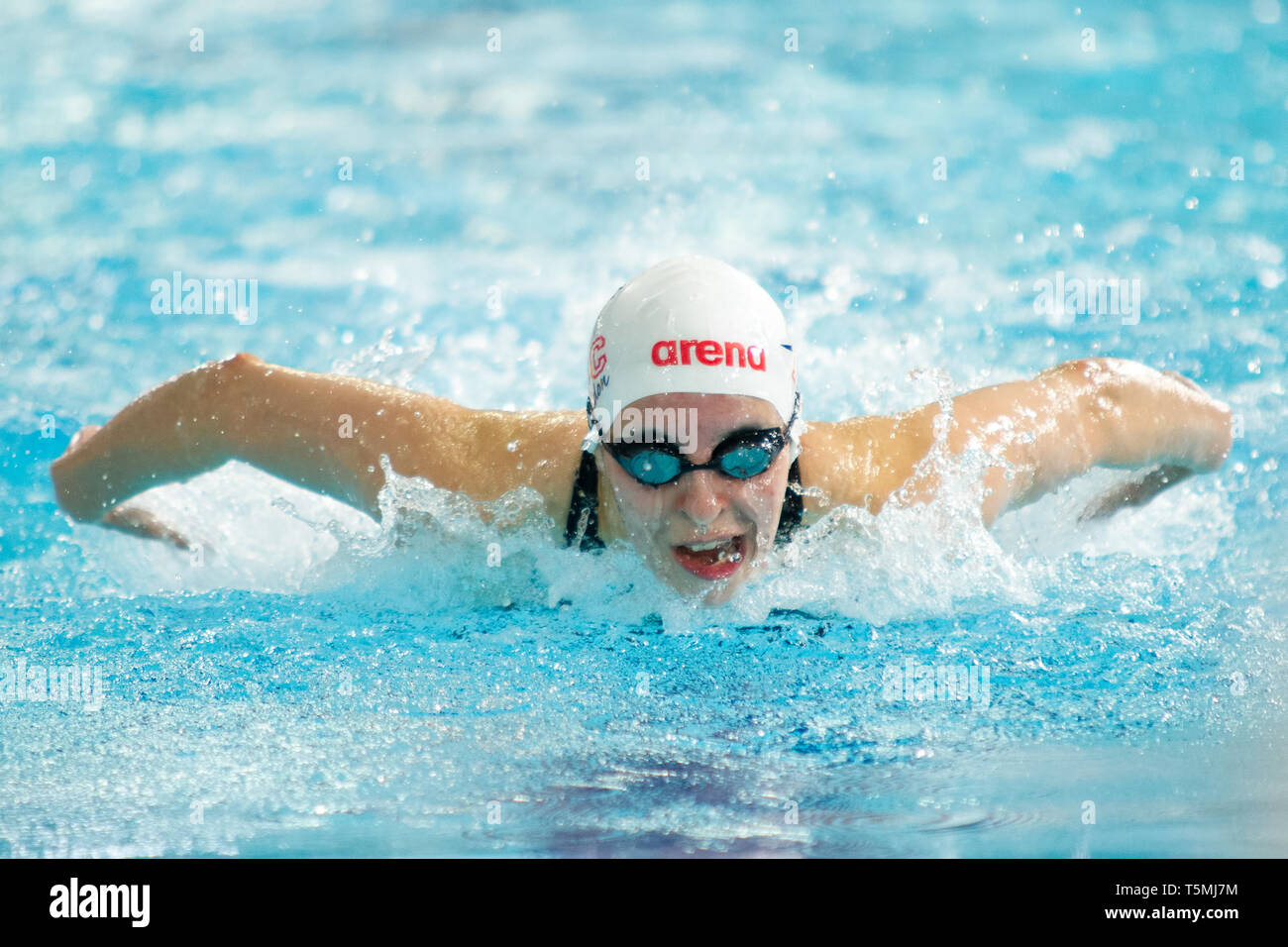 Lucy Thornton (Ealing) in action during the women's transition 200 metres butterfly final, during Day 3 of the 2019 British Swimming Championships, at Stock Photo