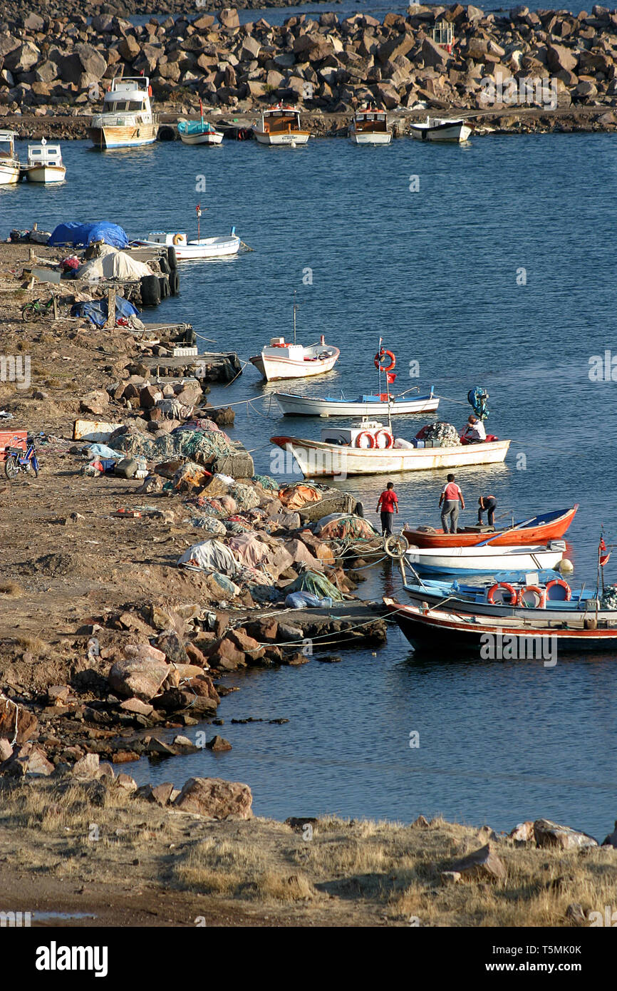 Fishing boats in a village harbor Stock Photo