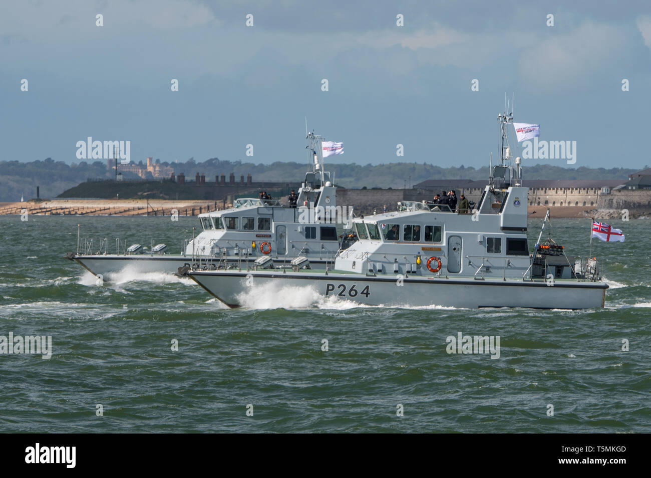 Royal Navy Archer Class patrol boats from the 1st Patrol Boat Squadron head out to sea for a training exercise off Portsmouth, UK on 25/4/19. Stock Photo