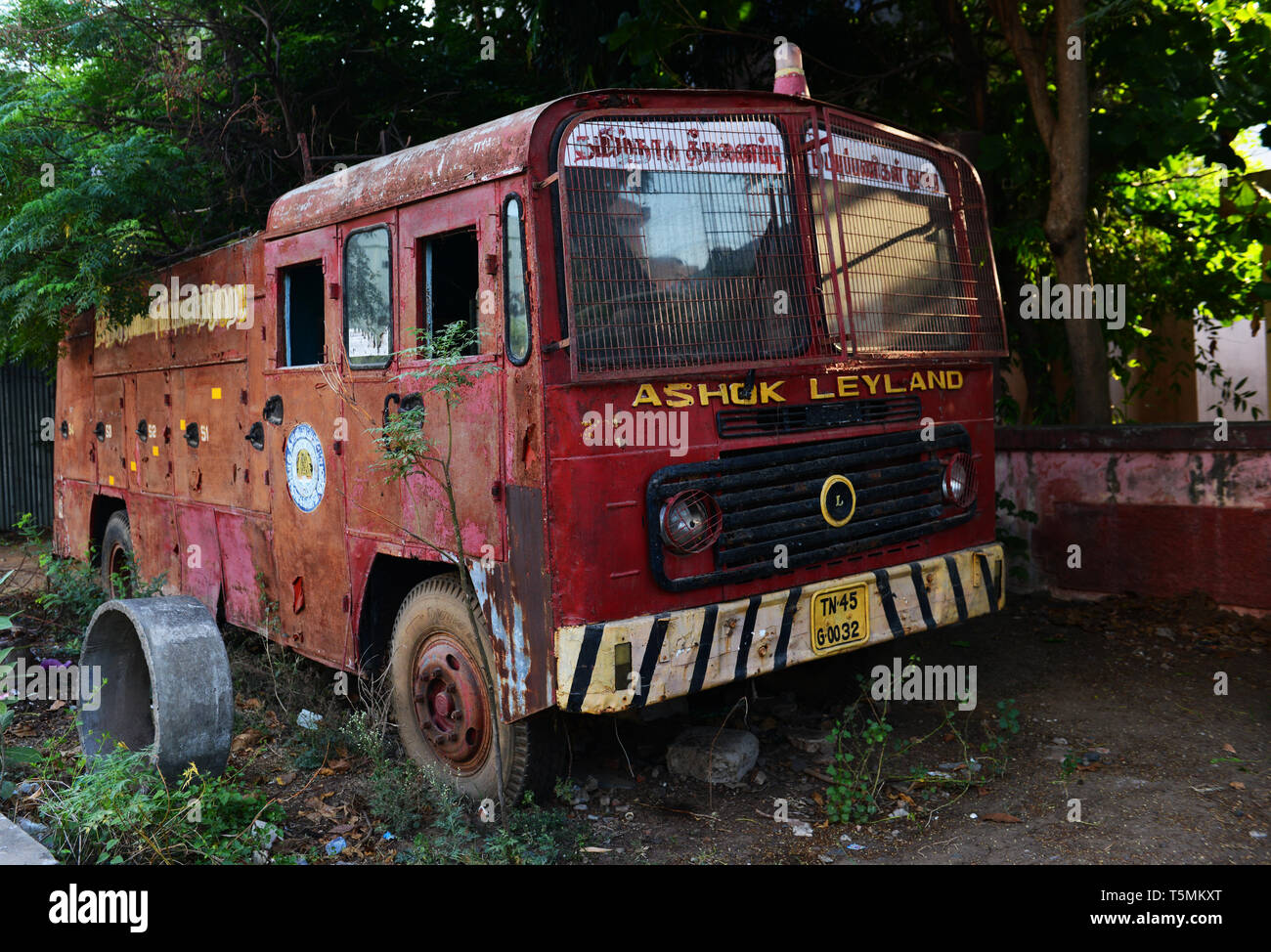 An old Ashok Leyland fire engine in Tamil Nadu. Stock Photo