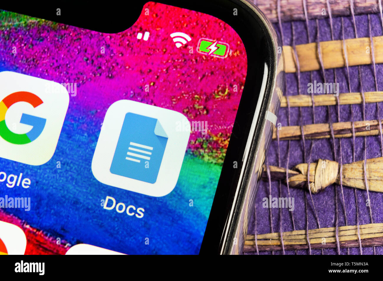 Sankt-Petersburg, Russia, february 17, 2019: Google Docs icon on Apple iPhone X smartphone screen close-up. Google docs icon. Social network. Social m Stock Photo