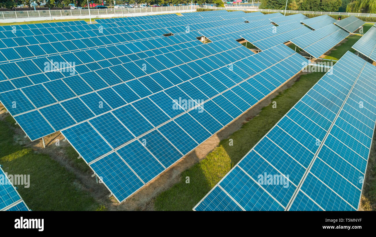 Aerial view of solar energy panels plant, alternative energy