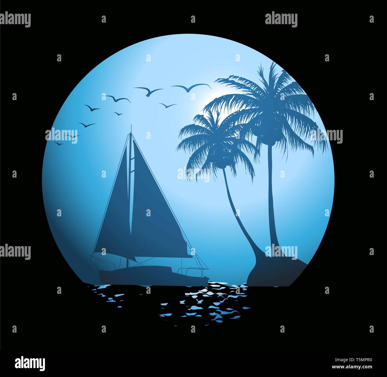 Summer background with palm trees and a yacht on the ocean Stock Vector ...