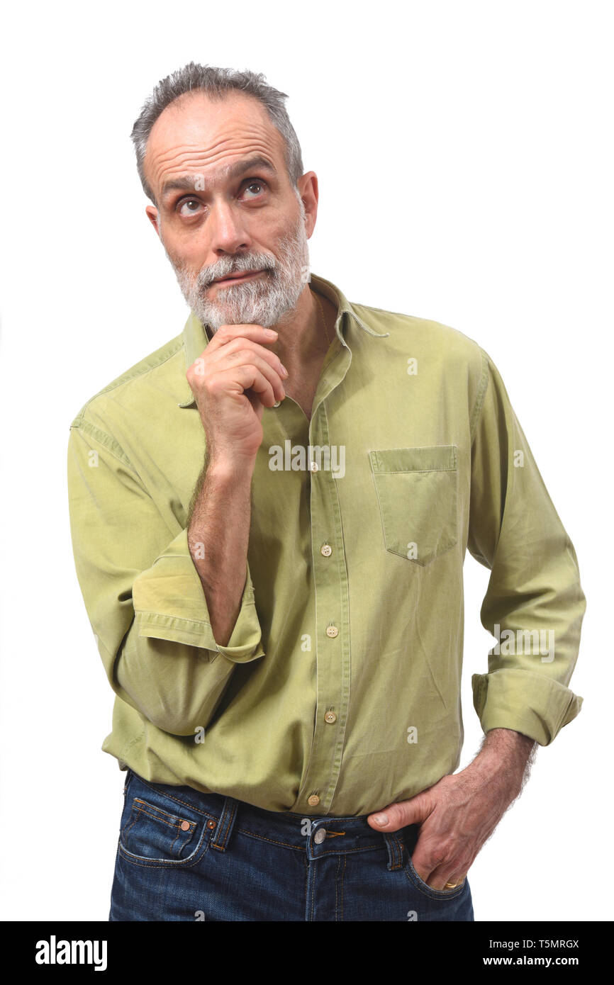 man having a doubt or question on white background Stock Photo