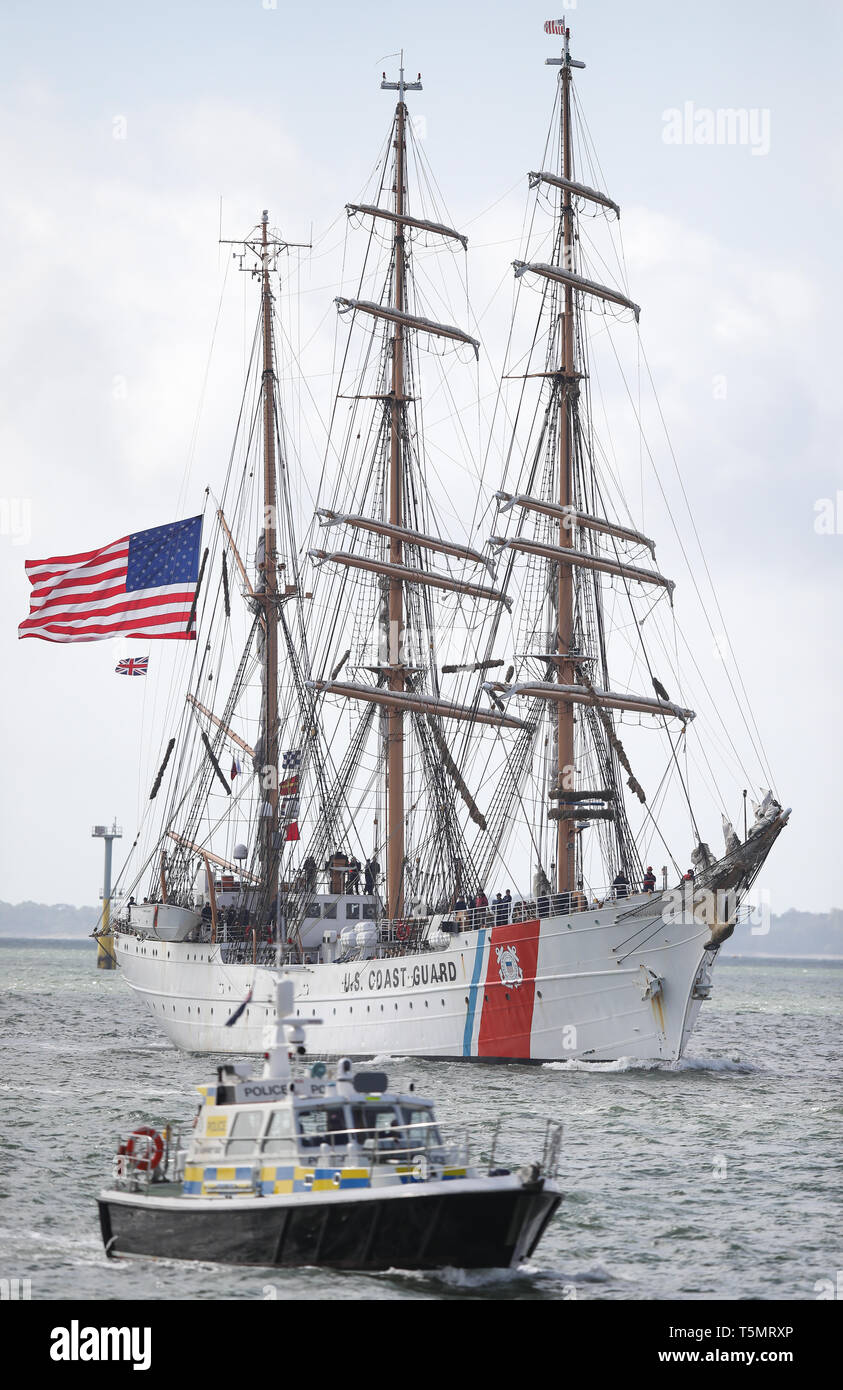 The United States Coast Guard cutter, USCGC Eagle, arrives in Portsmouth Harbour, where she will be docked over the weekend and open to visitors. Stock Photo