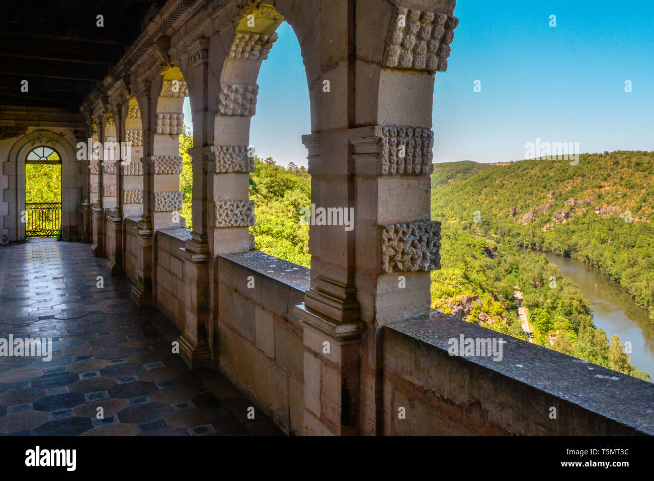 The Renaissance Gallery of the15th century castle at Bruniquel overlooking the river Aveyron in the Occitanie region of southern France. Stock Photo