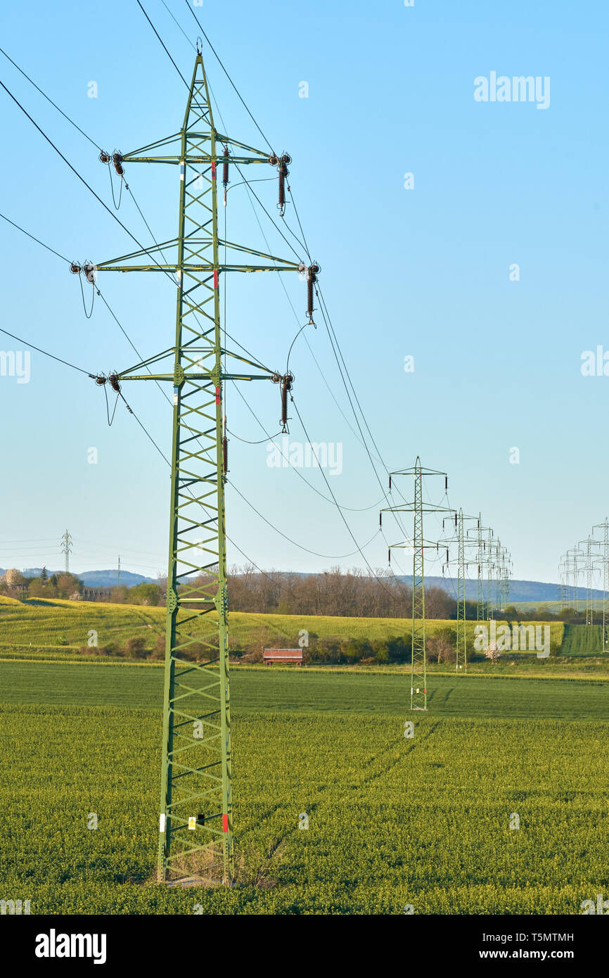 View of power lines in spring landscape with meadow and field, under clear blue sky. Stock Photo