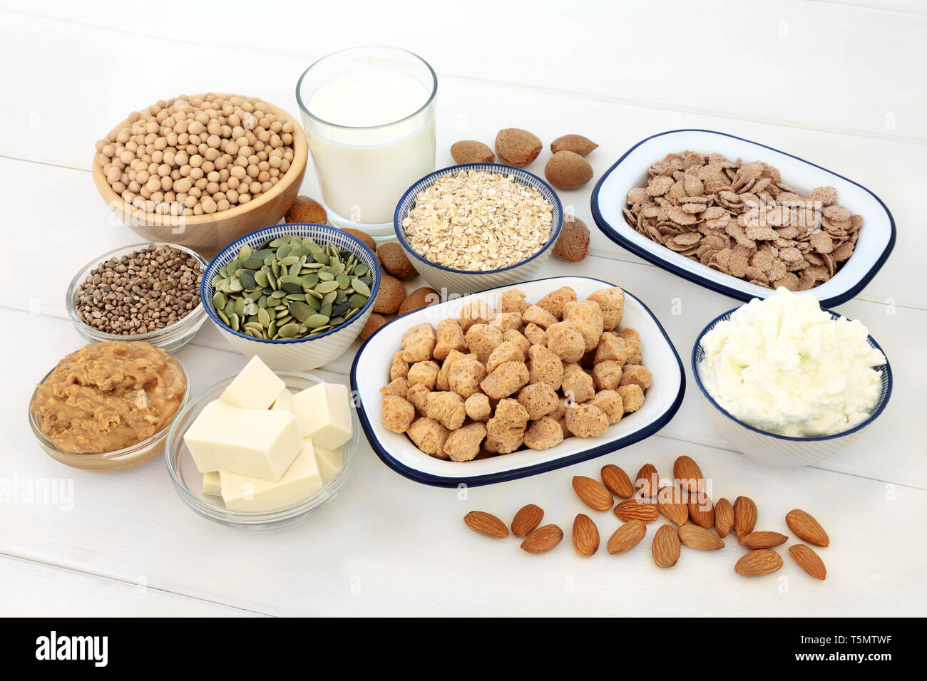 Vegan health food selection, with bean curd, legumes, nuts, seeds