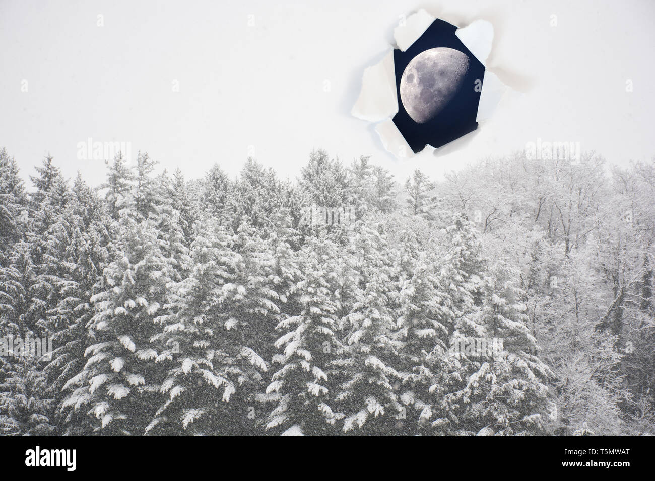 Surreal image of a moon into the sky added with photo manipulation into snowy day Stock Photo
