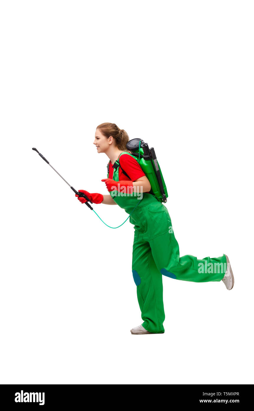 Female pest control contractor isolated on white Stock Photo