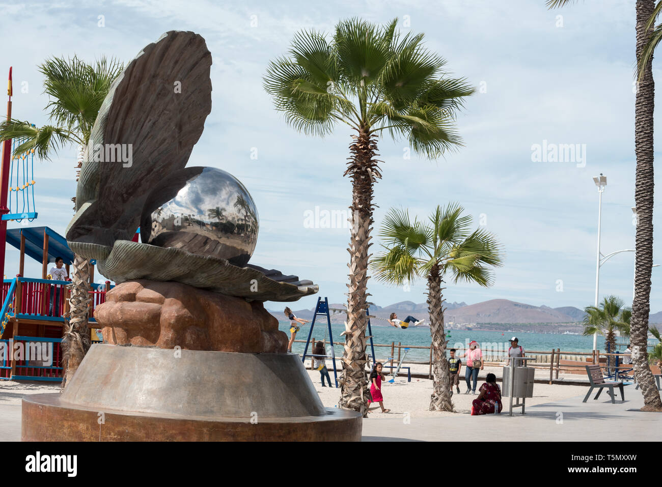 Oyster pearl sculpture on the malecon in La Paz, Baja California Sur, Mexico. Stock Photo