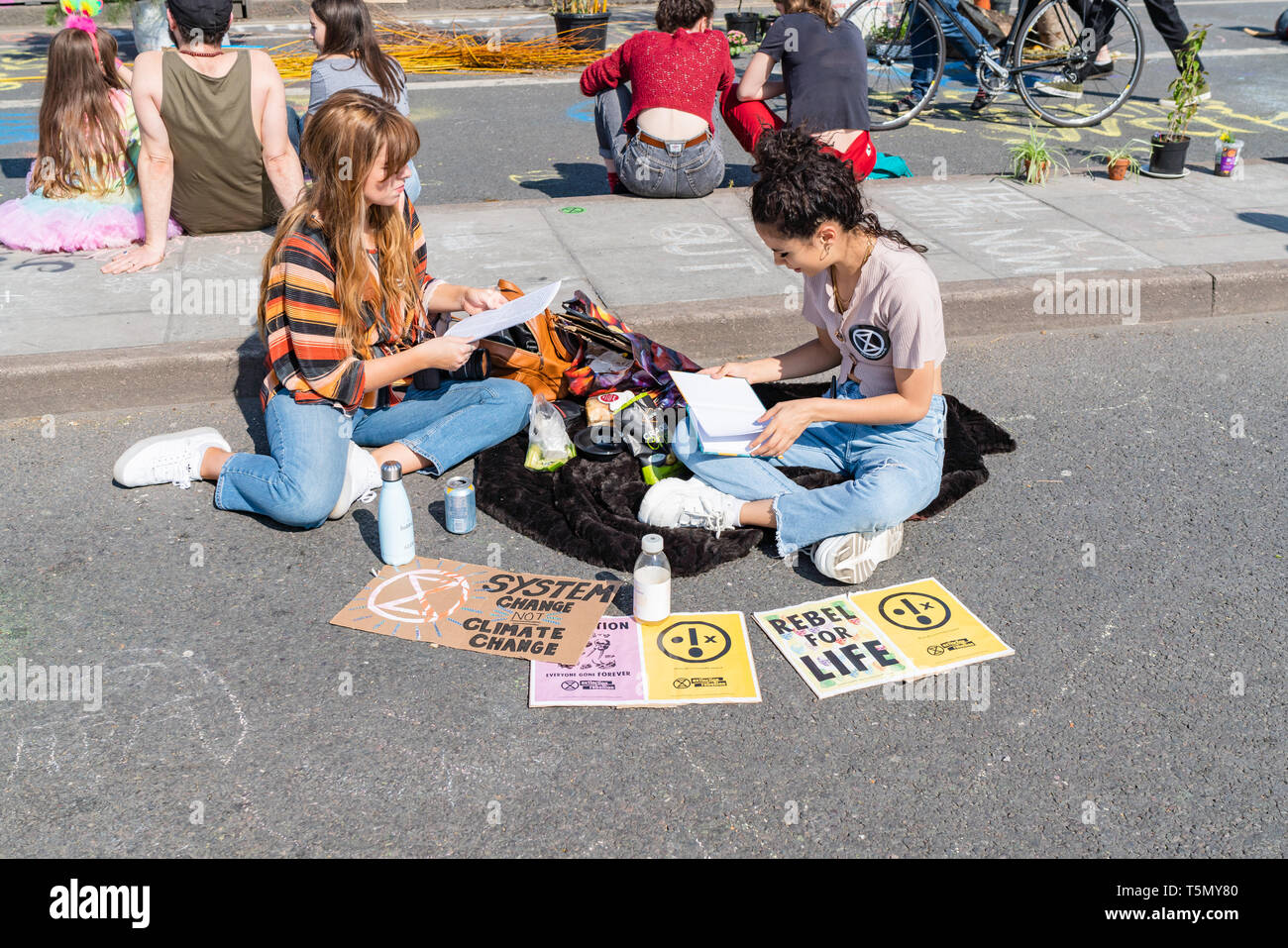 London, UK - April 19, 2019: Extinction Rebellion Protesters on Waterloo Bridge Stock Photo