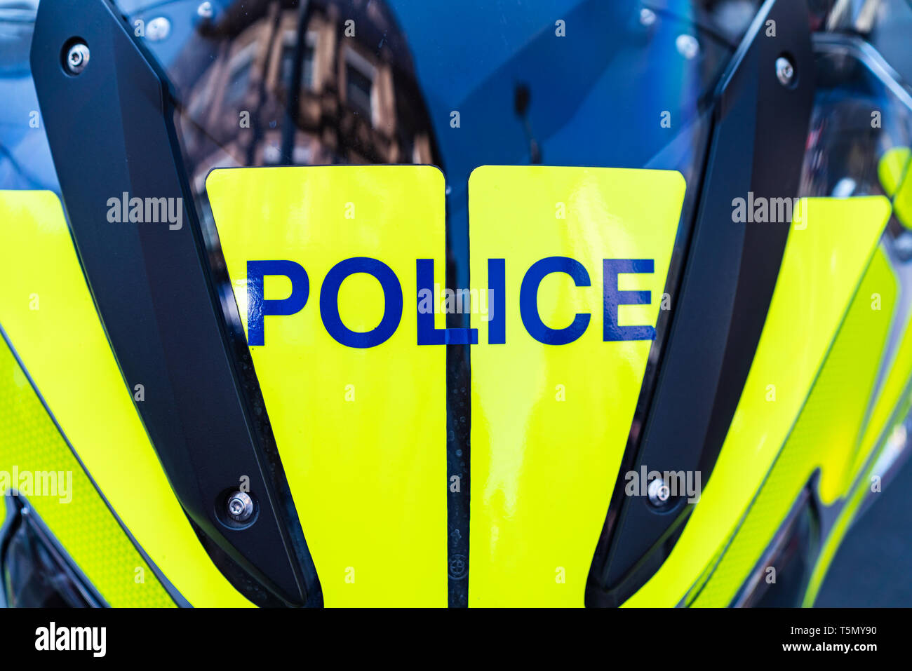 London, UK - April 19, 2019: Police Motorbike Sign, Close-Up Stock Photo