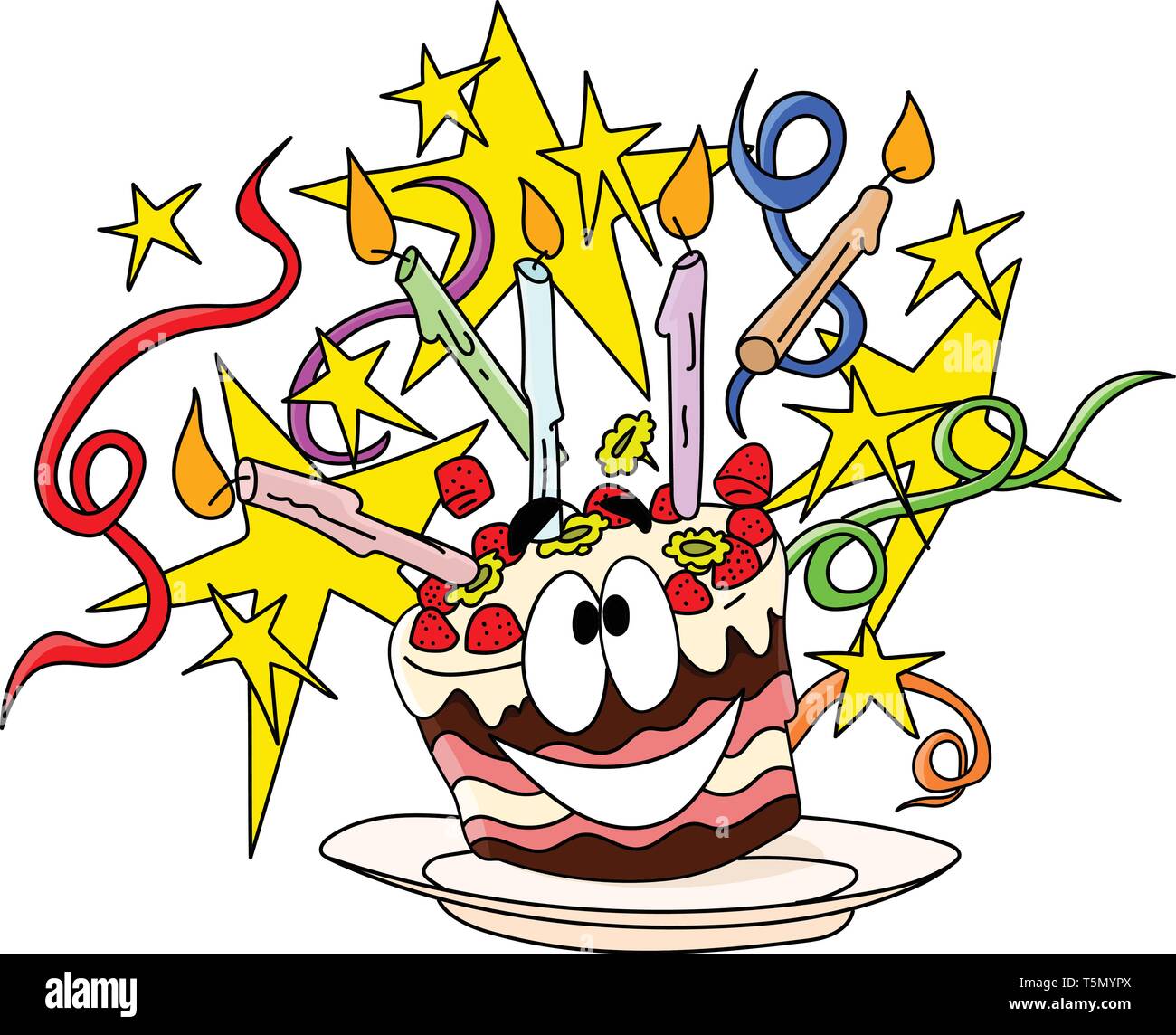 Cartoon happy birthday cake decorated with candles stars and ribbons ...