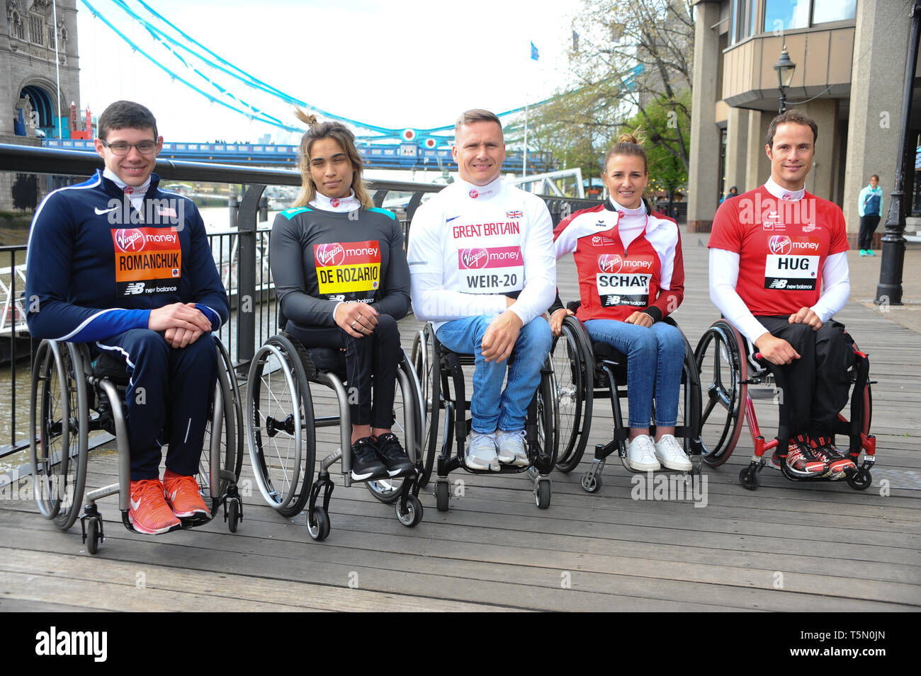 Daniel Romanchuk, Madison de Rozario, David Weir, Manuela Schar and Marcel Hug seen during the London marathon wheelchair athletes photocall at Tower Hotel in London. Stock Photo