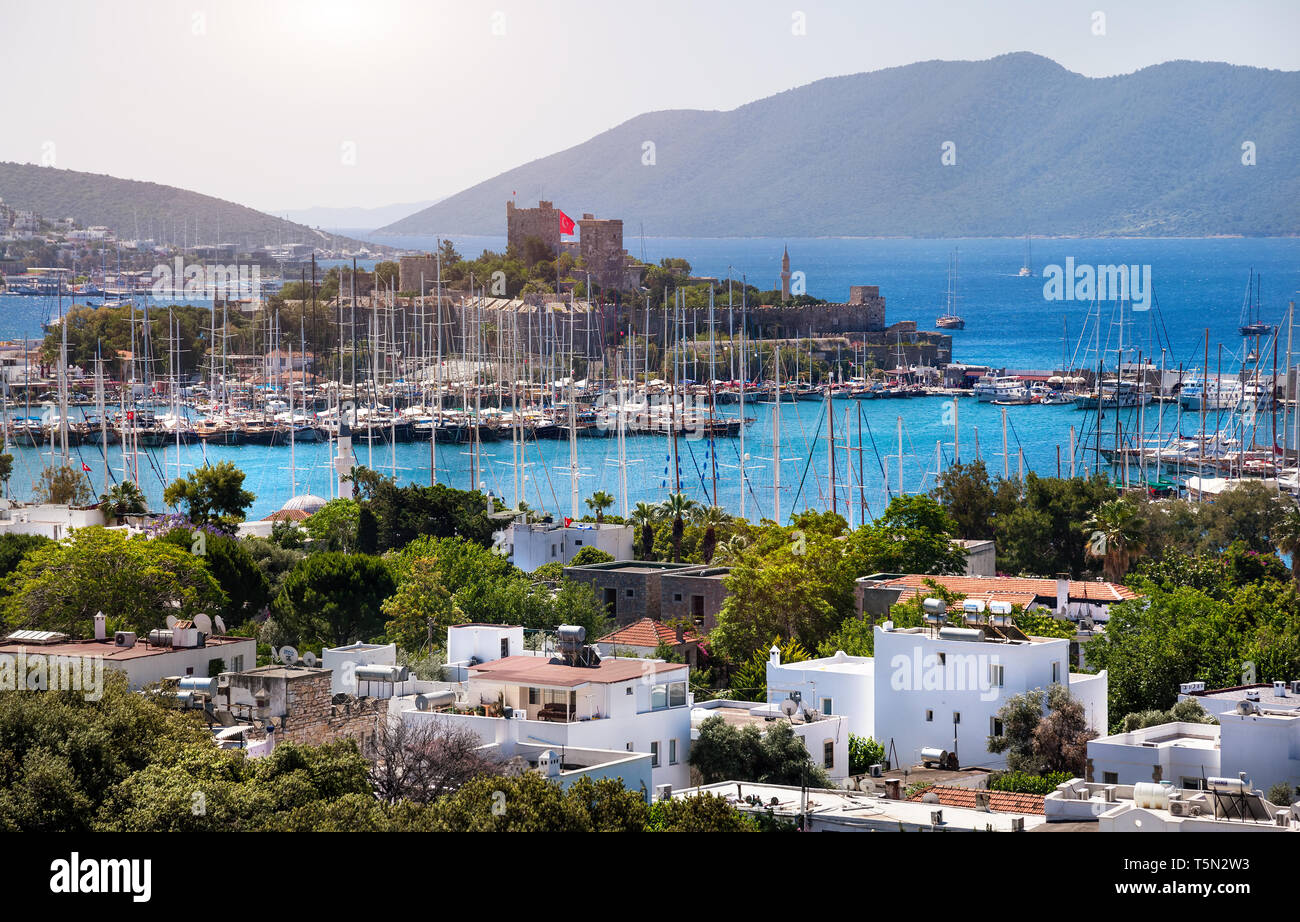 View of Bodrum, Marina Harbor and ancient castle in Aegean sea in Turkey Stock Photo