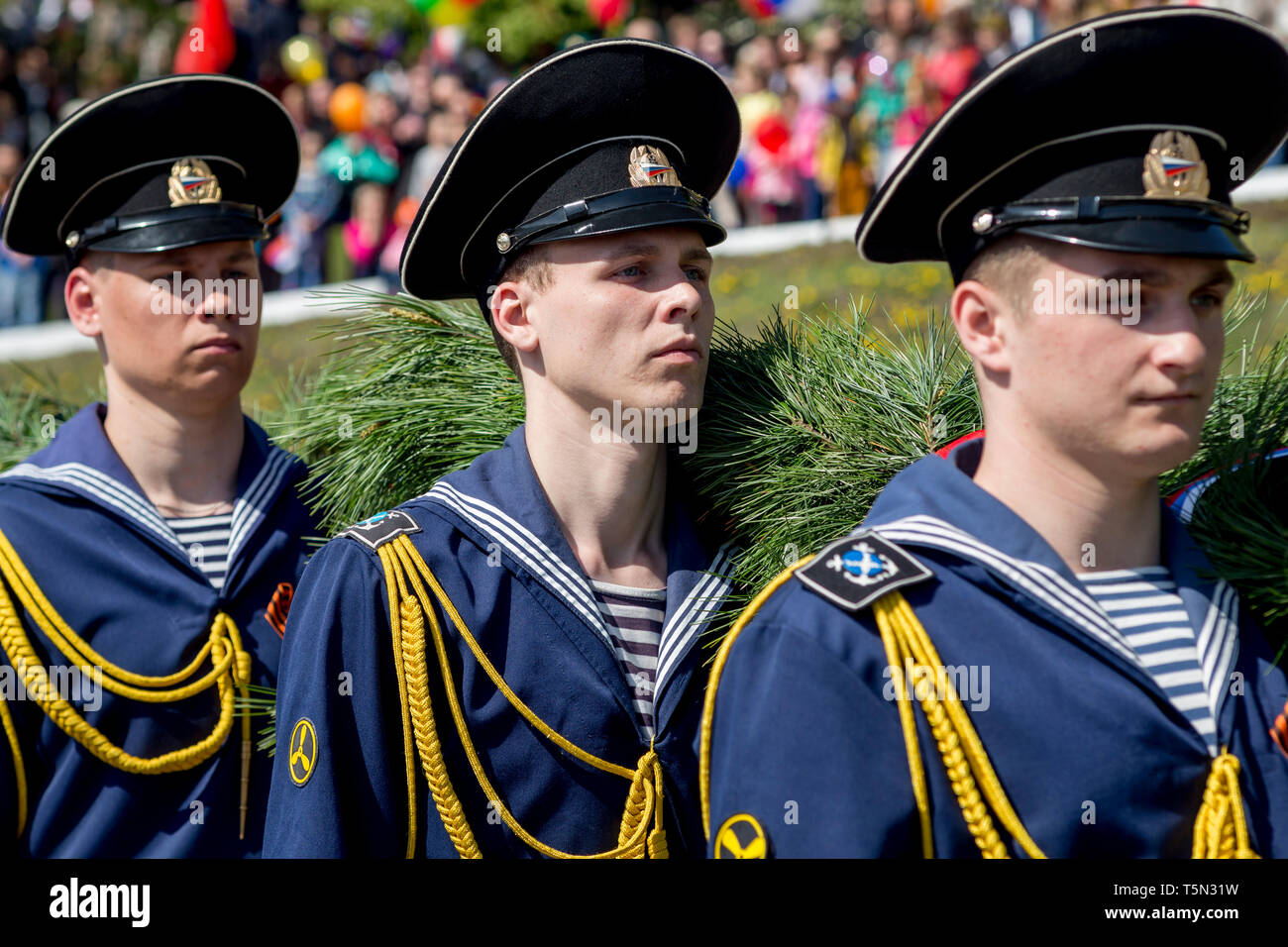 Russia, Nakhodka, 05/09/2017. Portrait of young military sailors in parade uniform march on parade on annual Victory Day on May 9. Victory of USSR ove Stock Photo