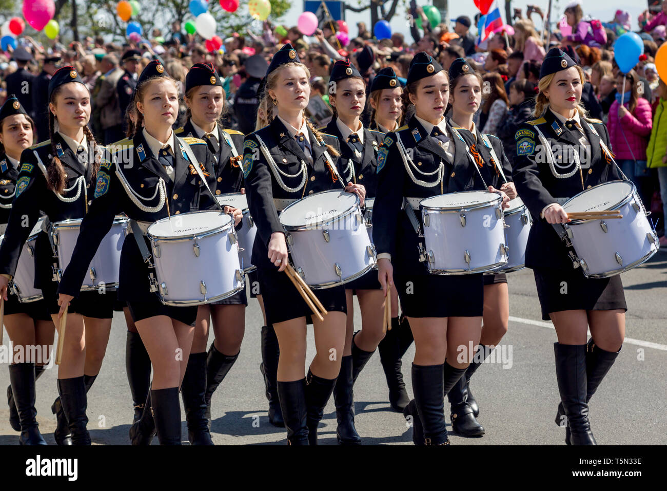 Russia, Nakhodka, 05/09/2017. Cute military musicians in parade uniform march on parade on annual Victory Day on May 9. Holiday in honor of victory of Stock Photo