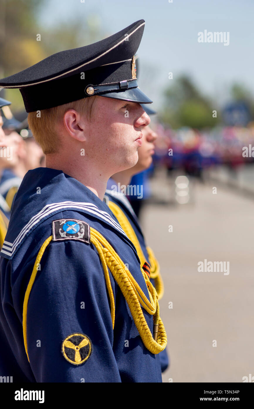 Russia, Nakhodka, 05/09/2017. Portrait of courageous military sailor in parade uniform on parade on annual Victory Day on May 9. Victory of USSR over  Stock Photo